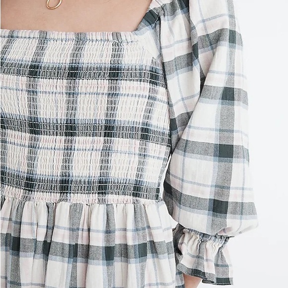 | madewell • lucie elbow sleeve smocked plaid mini dress • medium | - Picture 5 of 5
